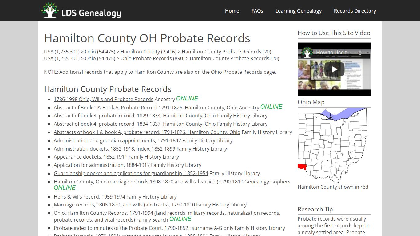 Hamilton County OH Probate Records - LDS Genealogy